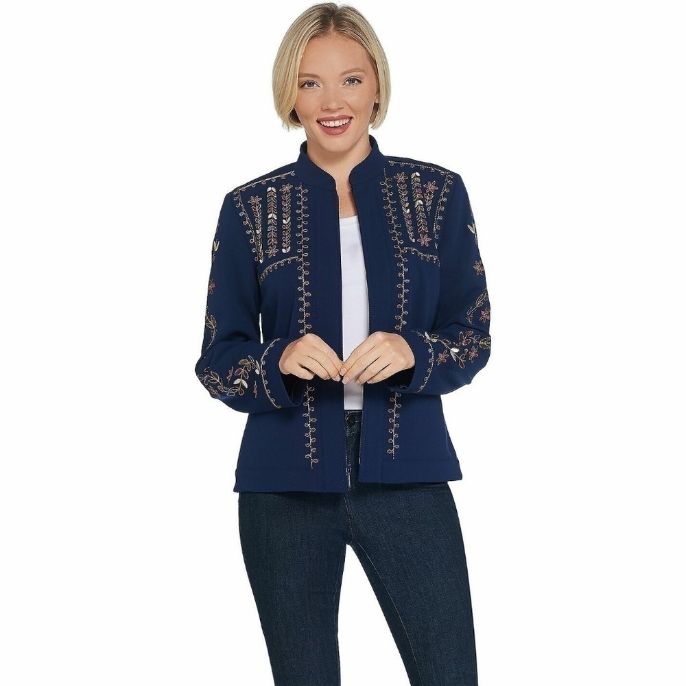 Dennis Basso Embroidered Luxe Crepe Cropped Jacket Navy Blue Size‎ 16